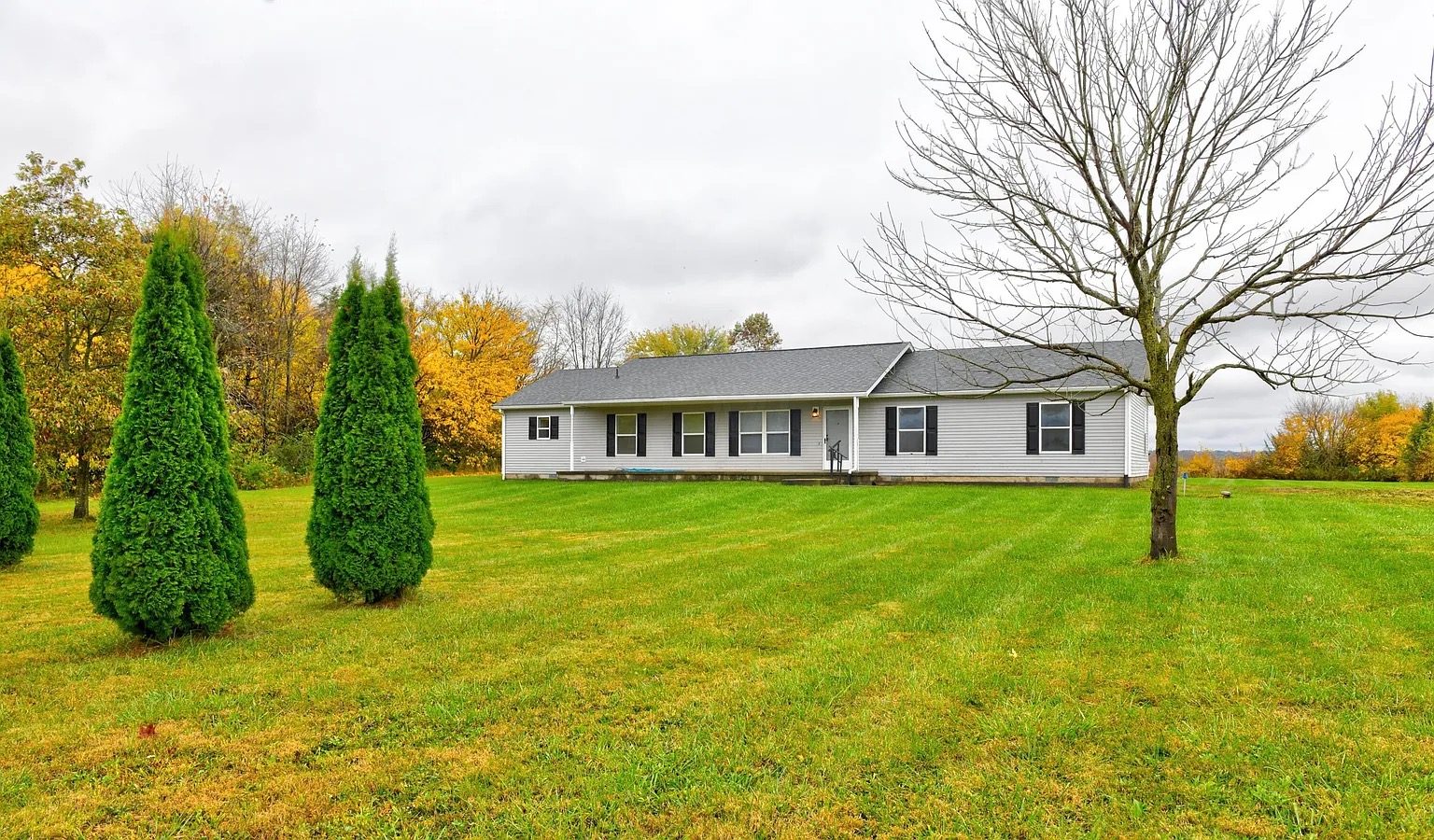 The Ashville house finished on its lot, evergreens and an open field around it